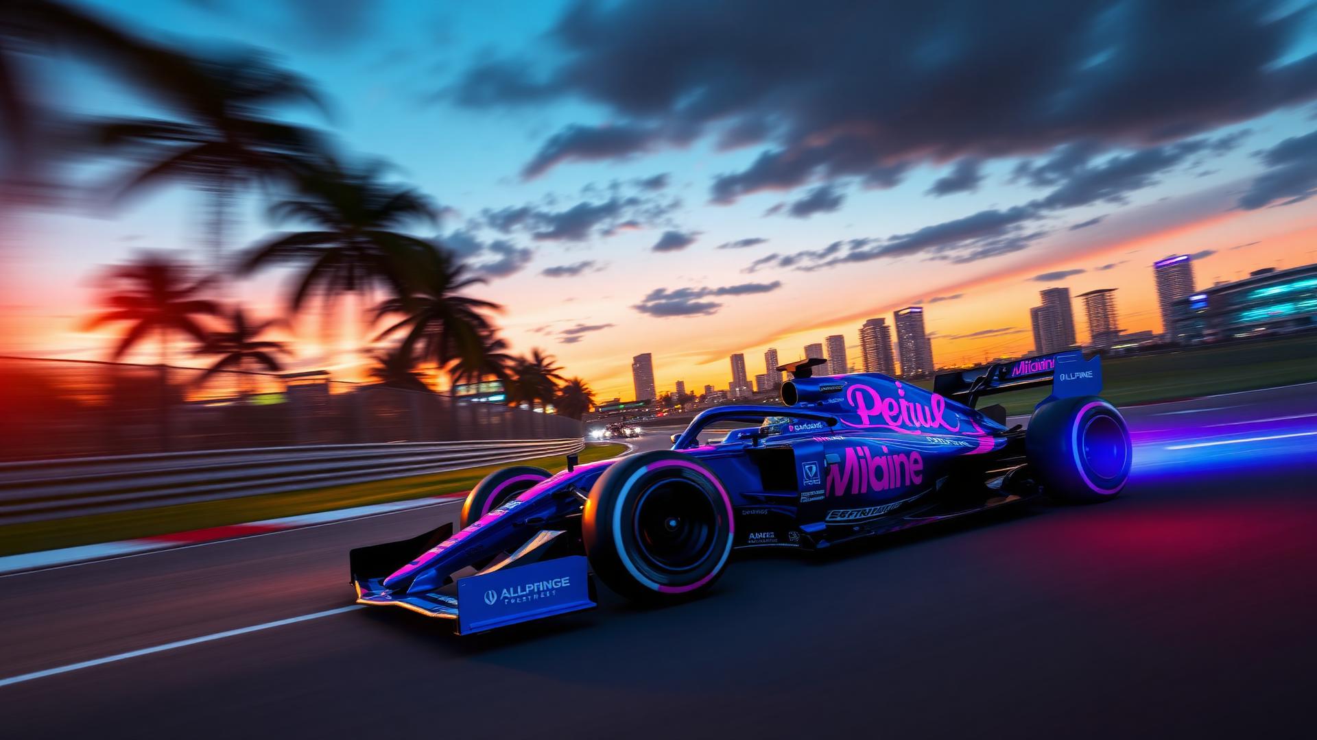 F&oacute;rmula 1 al atardecer en el circuito de Miami